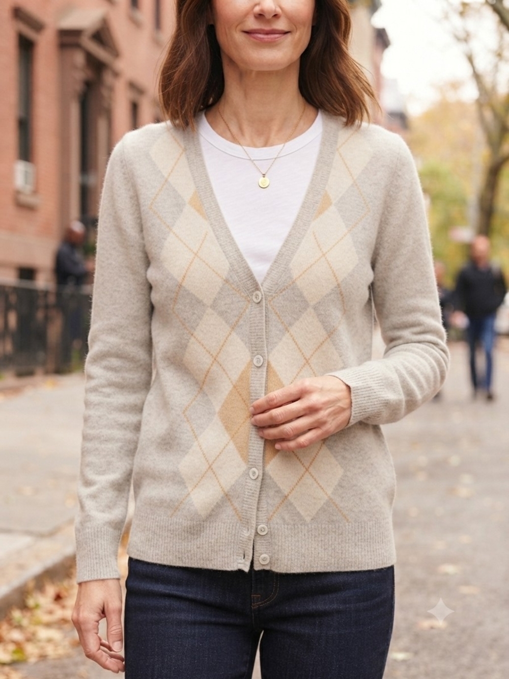 J. Crew Beige and Cream Argyle V-Neck Cardigan